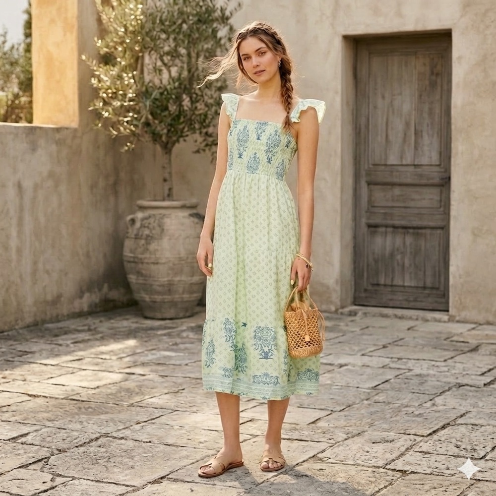 Roller Rabbit Yarrow Doe Mint Green Tiered Maxi Dress Medium NWT